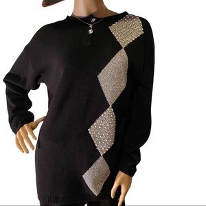 Vintage GLADYS BAGLEY Black Long Sleeve GLISTENING Silver Sequin Knit Sweater S